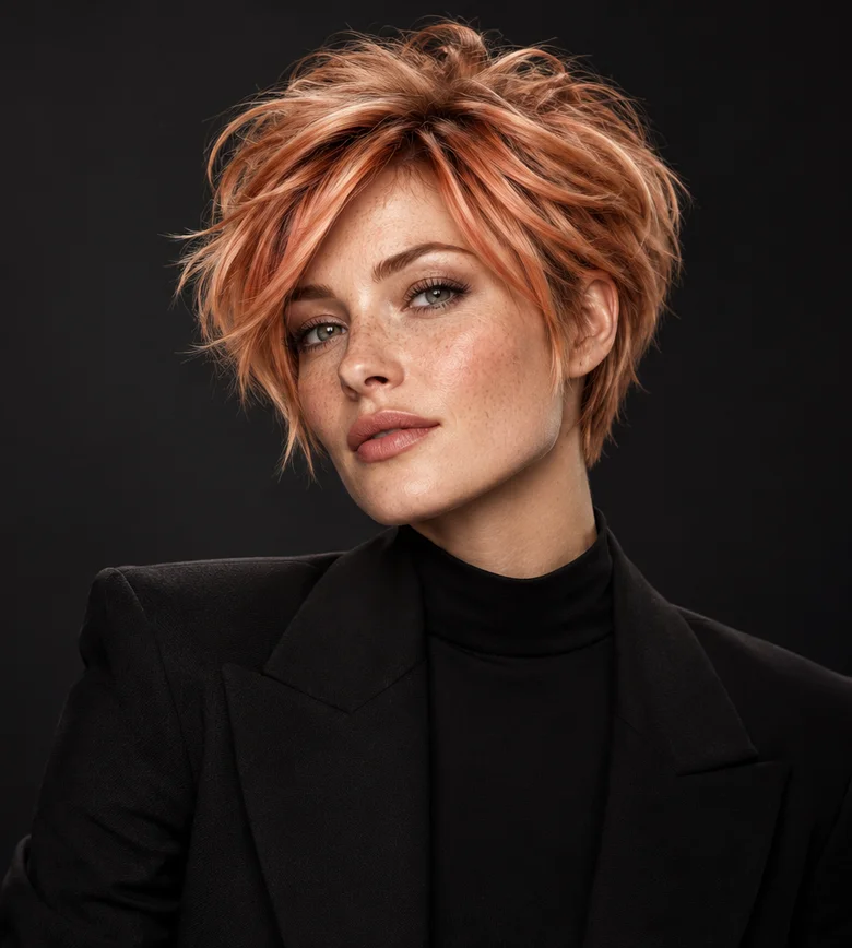Model feminin cu tunsoare bixie texturată &icirc;n nuanță piersică arămie
