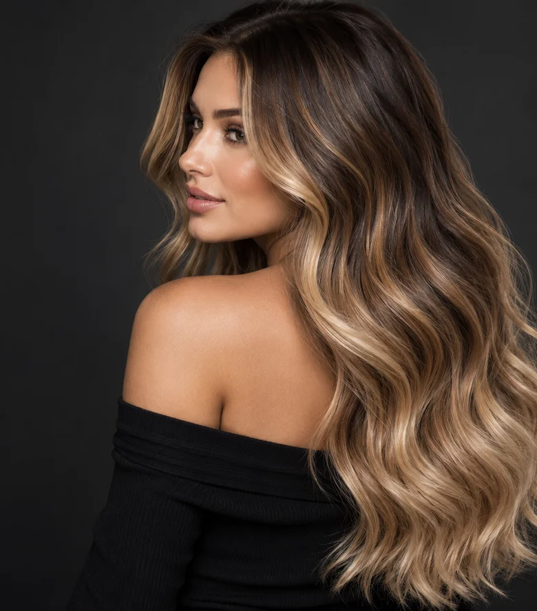 Model cu balayage caramel, rădăcini naturale și lungimi ondulate