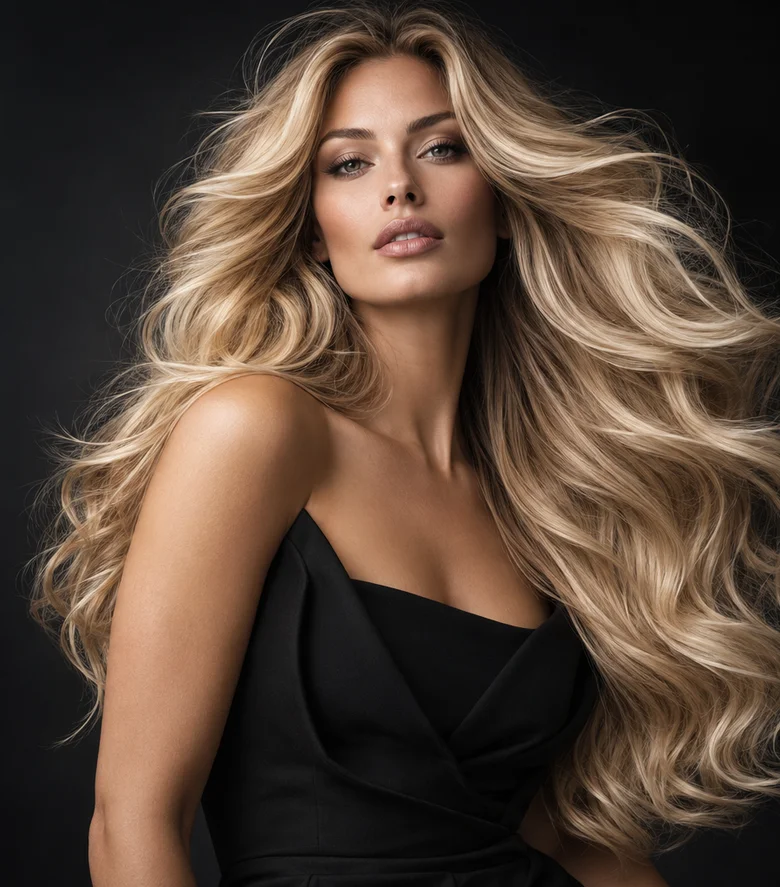 Model cu păr blond șampanie și valuri ample