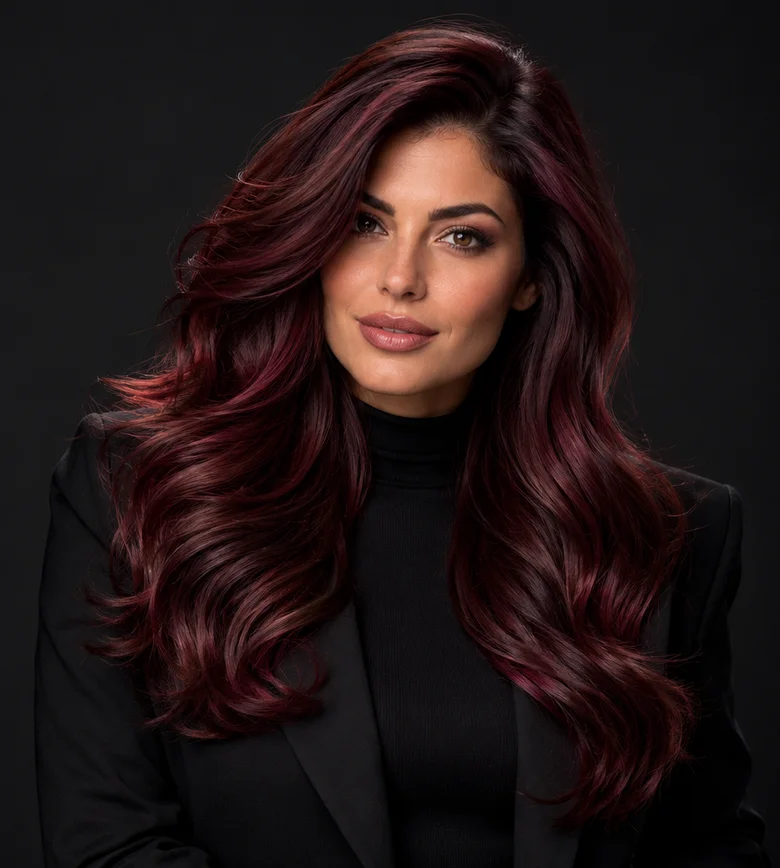 Model feminin cu păr cherry cola lung &icirc;n valuri sculptate