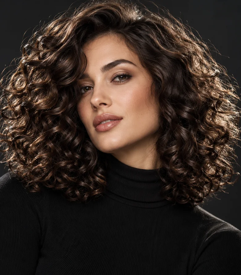 Model cu bucle brunete naturale și volum