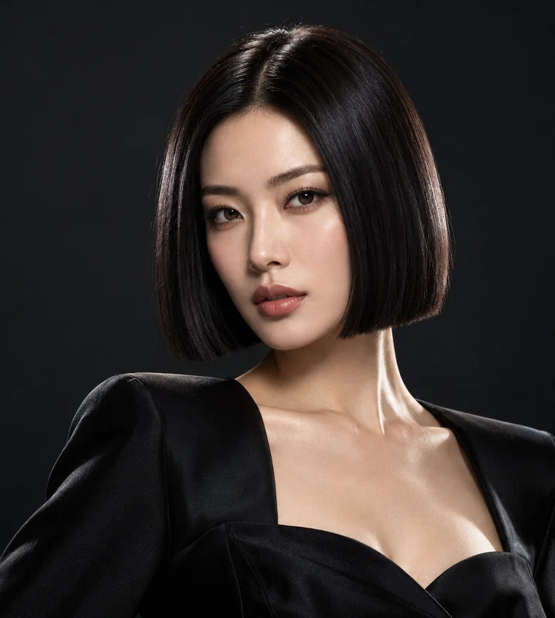 Model feminin cu bob brunet aproape negru și finisaj lucios