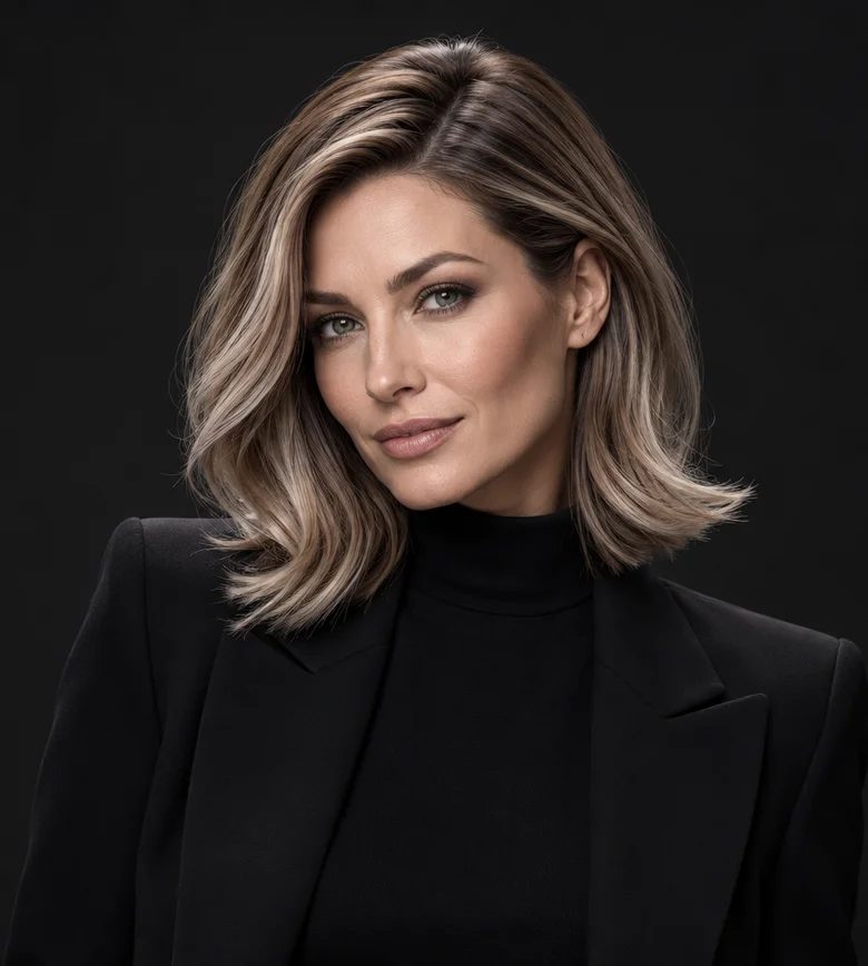 Model feminin cu lob sculptat bronde rece și reflexe mushroom
