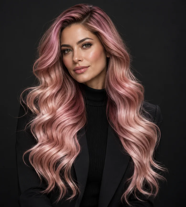 Model feminin cu păr roz fumuriu lung &icirc;n valuri S