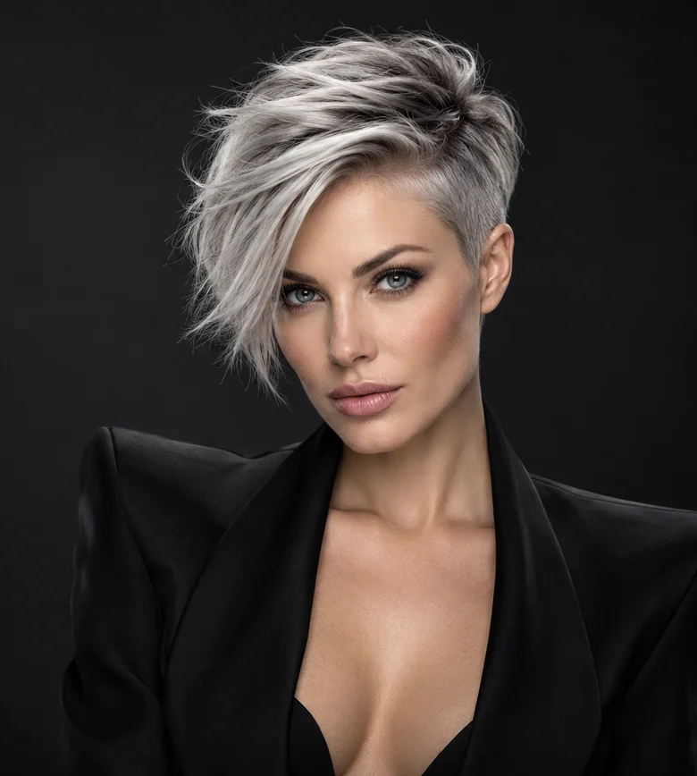Model feminin cu pixie asimetric platinat gri argintiu